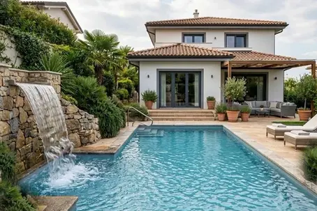 piscina  Piscina con cascata installata in un agriturismo